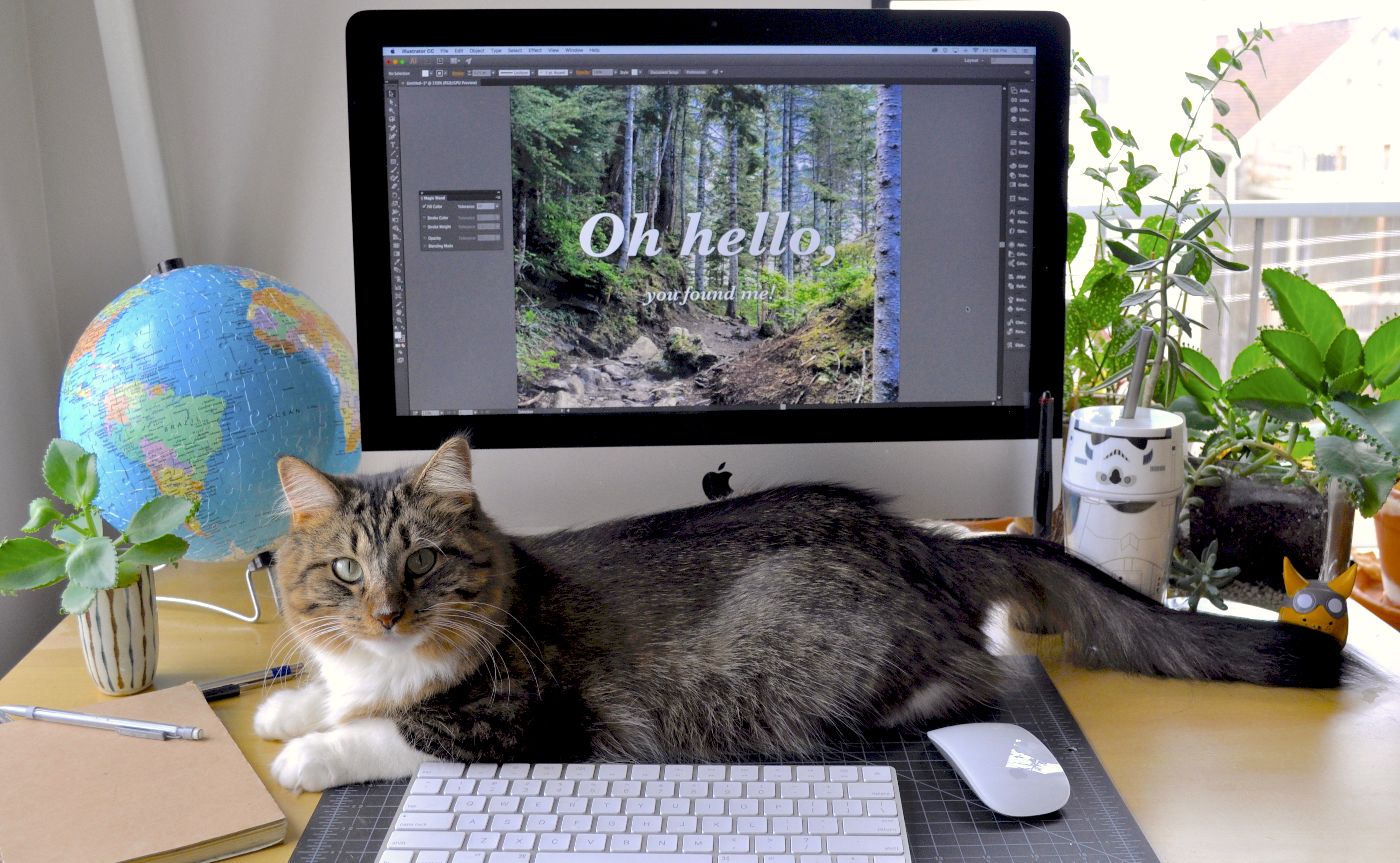 Welcome image of a cat on a desk in front of a computer monitor that says Oh you found me surrounded by plants and knick knacks